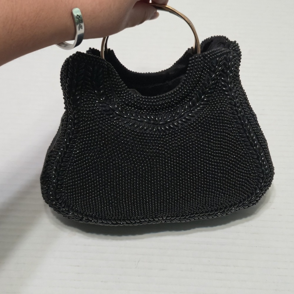 Vtg 60s Black Beaded Evening Bag Gold O Ring Hoop Handle Cocktail Purse